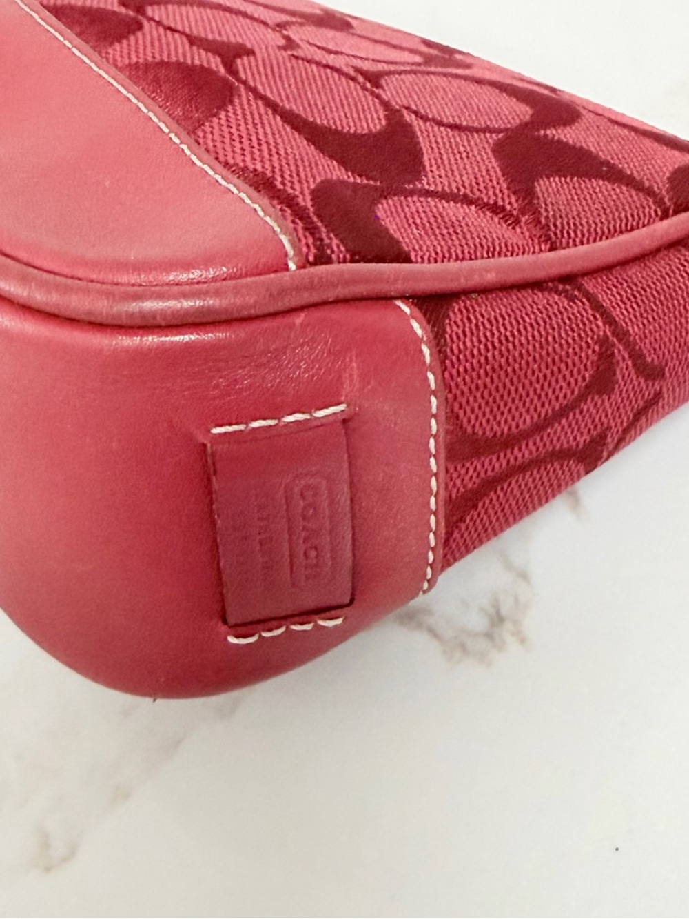 Coach Signature Jacquard Red Mini Shoulder Bag Y2K Baguette Purse Leather Trim - Picture 10 of 13